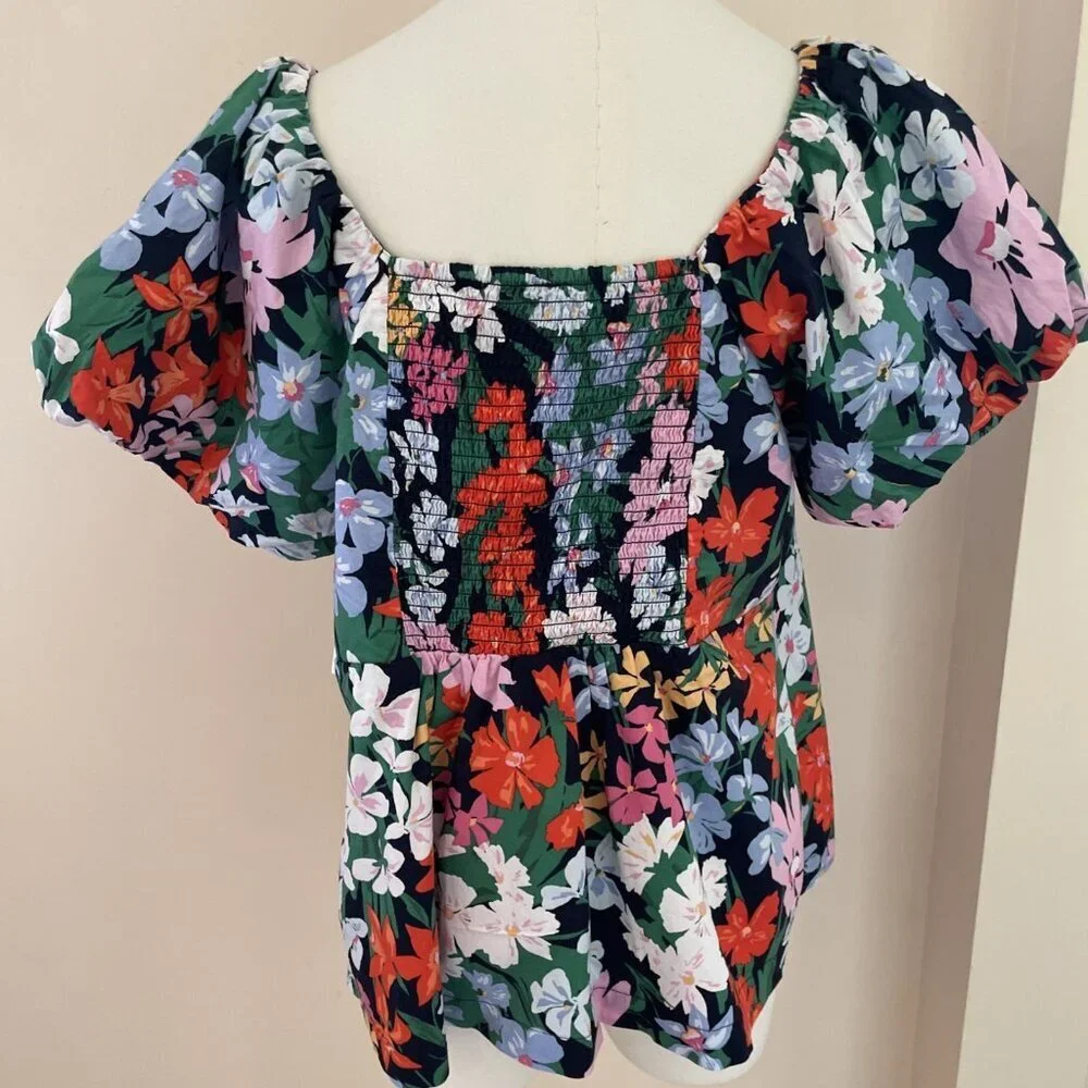 Old Navy Puff-Sleeve Smocked Swing Blouse Size XL Blue Floral Cottagecore NWT